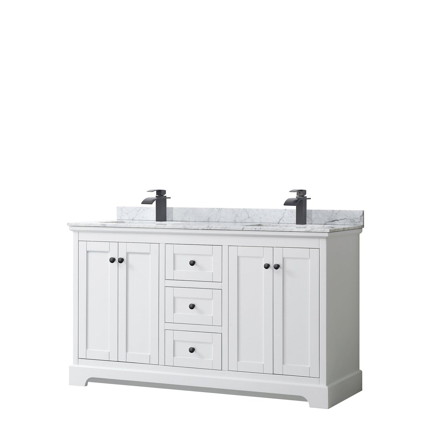 Wyndham Collection Avery 60" Double Bathroom Vanity in White, White Carrara Marble Countertop, Undermount Square Sinks, Matte Black Trim