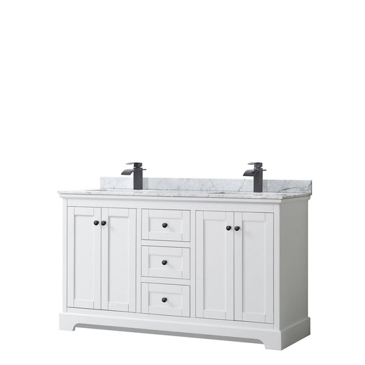Wyndham Collection Avery 60" Double Bathroom Vanity in White, White Carrara Marble Countertop, Undermount Square Sinks, Matte Black Trim