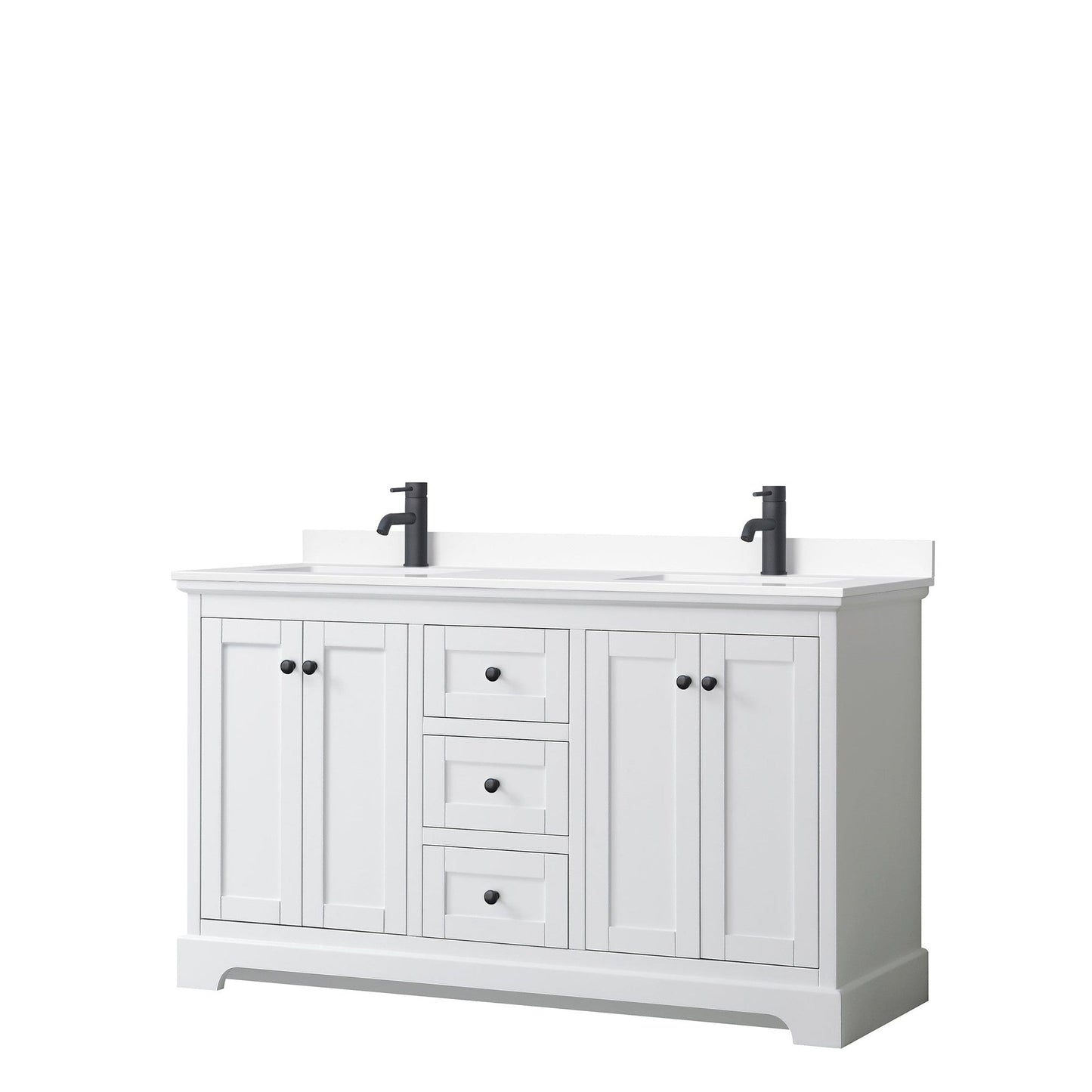 Wyndham Collection Avery 60" Double Bathroom Vanity in White, White Cultured Marble Countertop, Undermount Square Sinks, Matte Black Trim
