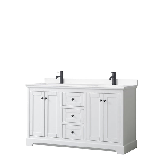 Wyndham Collection Avery 60" Double Bathroom Vanity in White, White Cultured Marble Countertop, Undermount Square Sinks, Matte Black Trim