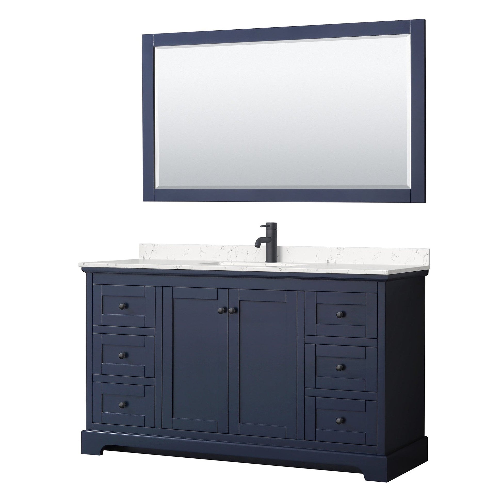 Wyndham Collection Avery 60" Single Bathroom Vanity in Dark Blue, Carrara Cultured Marble Countertop, Undermount Square Sink, Matte Black Trim, 58" Mirror