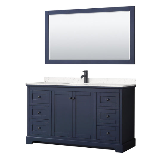 Wyndham Collection Avery 60" Single Bathroom Vanity in Dark Blue, Carrara Cultured Marble Countertop, Undermount Square Sink, Matte Black Trim, 58" Mirror
