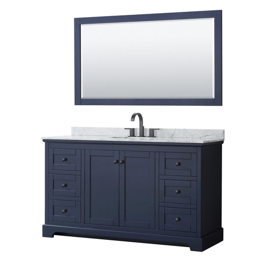 Wyndham Collection Avery 60" Single Bathroom Vanity in Dark Blue, White Carrara Marble Countertop, Undermount Oval Sink, Matte Black Trim, 58" Mirror