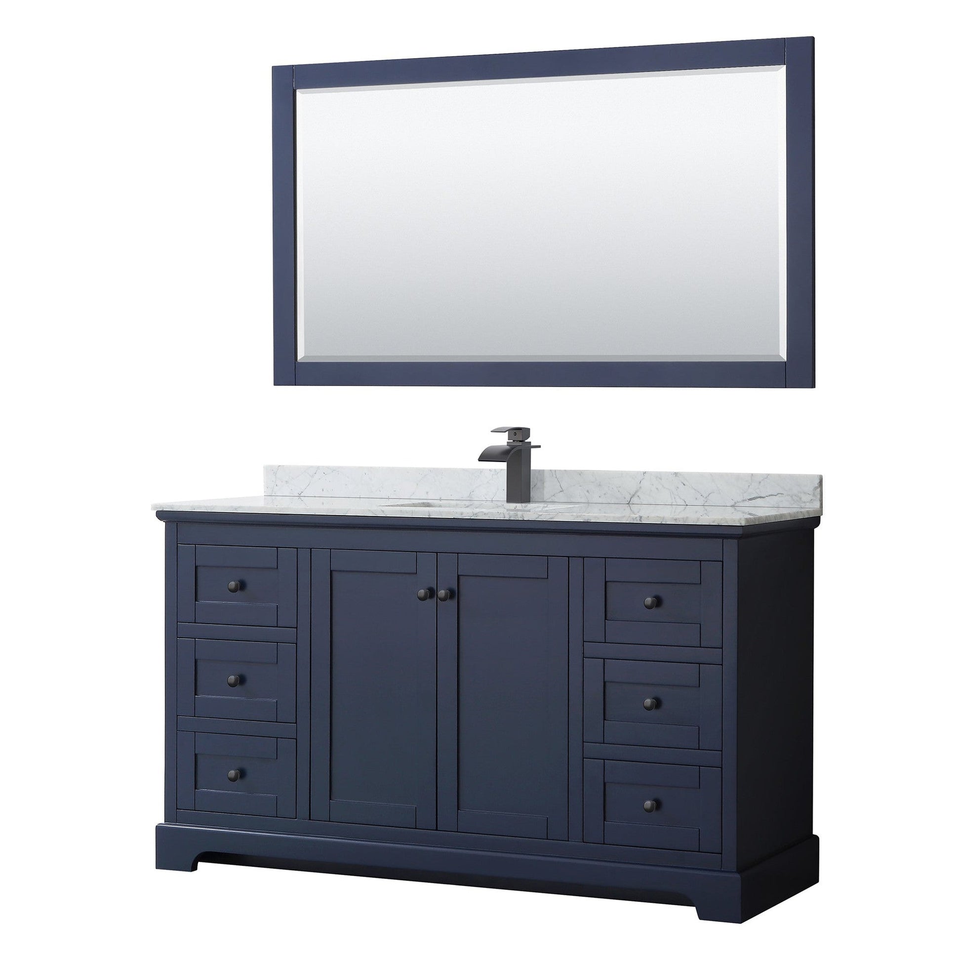 Wyndham Collection Avery 60" Single Bathroom Vanity in Dark Blue, White Carrara Marble Countertop, Undermount Square Sink, Matte Black Trim, 58" Mirror