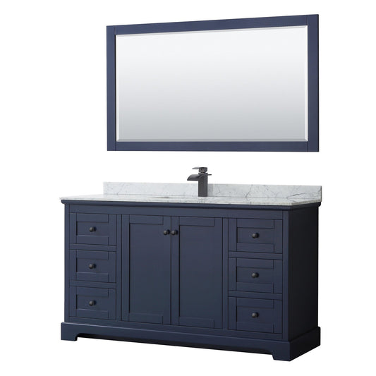 Wyndham Collection Avery 60" Single Bathroom Vanity in Dark Blue, White Carrara Marble Countertop, Undermount Square Sink, Matte Black Trim, 58" Mirror