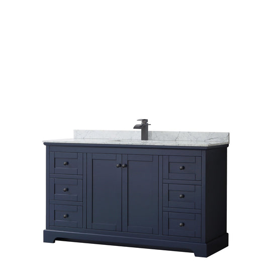 Wyndham Collection Avery 60" Single Bathroom Vanity in Dark Blue, White Carrara Marble Countertop, Undermount Square Sink, Matte Black Trim