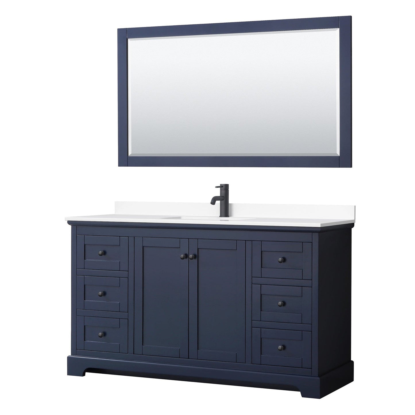 Wyndham Collection Avery 60" Single Bathroom Vanity in Dark Blue, White Cultured Marble Countertop, Undermount Square Sink, Matte Black Trim, 58" Mirror