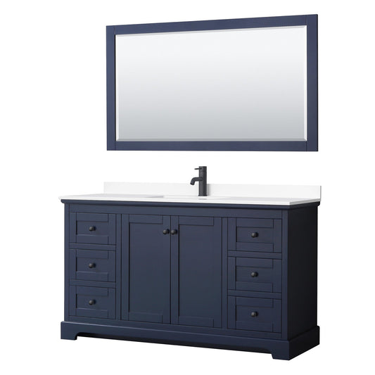 Wyndham Collection Avery 60" Single Bathroom Vanity in Dark Blue, White Cultured Marble Countertop, Undermount Square Sink, Matte Black Trim, 58" Mirror