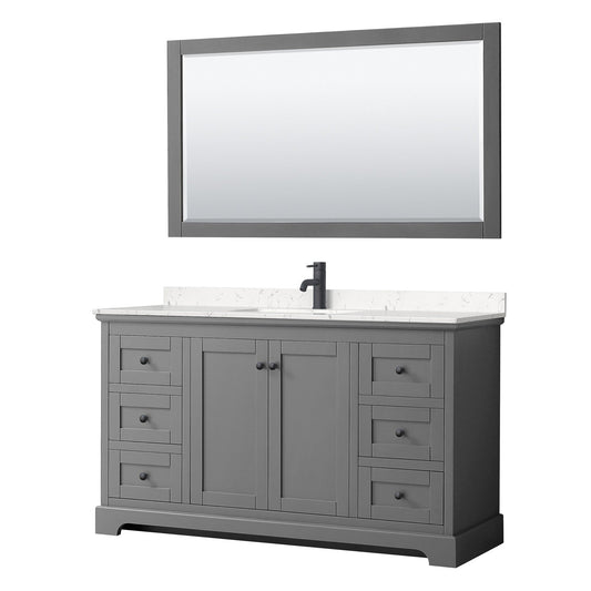 Wyndham Collection Avery 60" Single Bathroom Vanity in Dark Gray, Carrara Cultured Marble Countertop, Undermount Square Sink, Matte Black Trim, 58" Mirror