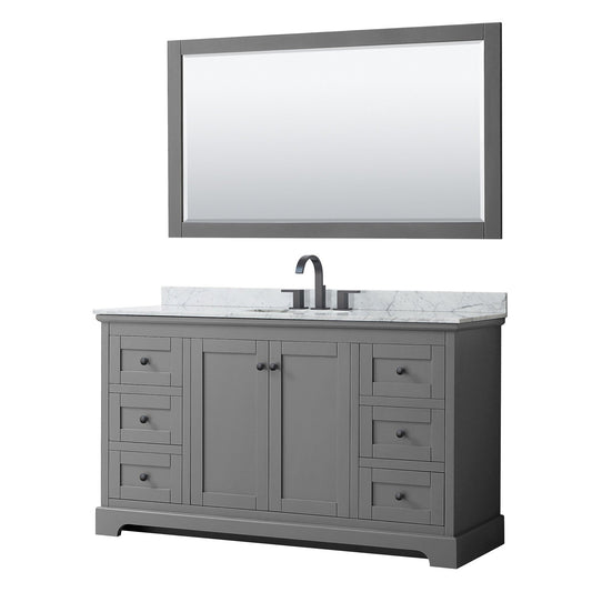 Wyndham Collection Avery 60" Single Bathroom Vanity in Dark Gray, White Carrara Marble Countertop, Undermount Oval Sink, Matte Black Trim, 58" Mirror