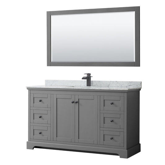Wyndham Collection Avery 60" Single Bathroom Vanity in Dark Gray, White Carrara Marble Countertop, Undermount Square Sink, Matte Black Trim, 58" Mirror