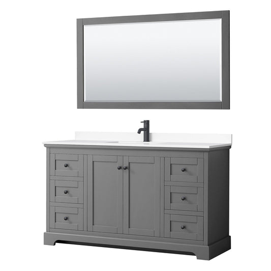 Wyndham Collection Avery 60" Single Bathroom Vanity in Dark Gray, White Cultured Marble Countertop, Undermount Square Sink, Matte Black Trim, 58" Mirror