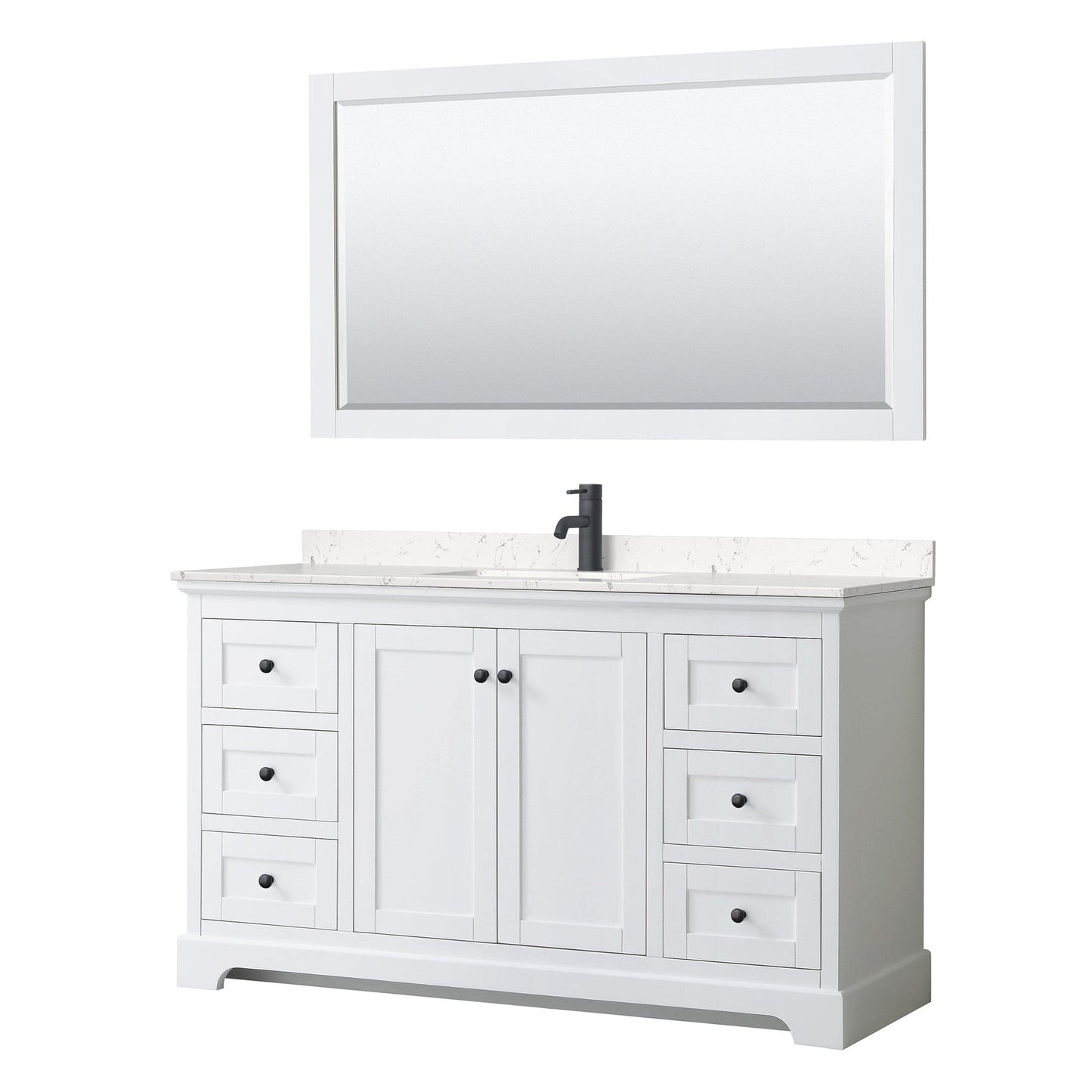 Wyndham Collection Avery 60" Single Bathroom Vanity in White, Carrara Cultured Marble Countertop, Undermount Square Sink, Matte Black Trim, 58" Mirror