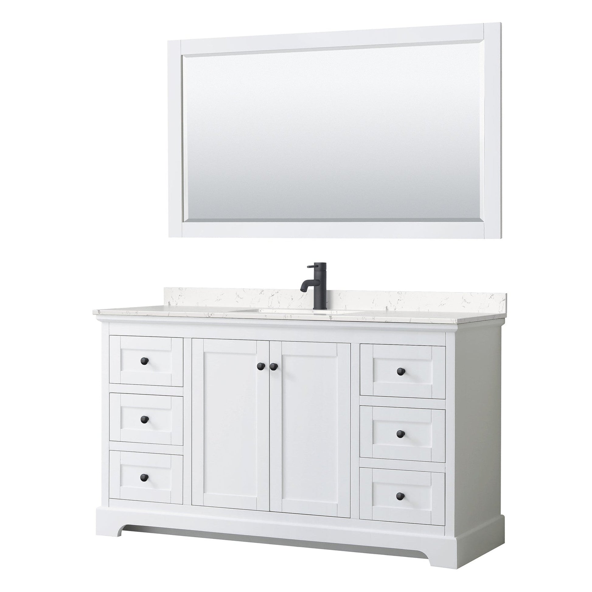 Wyndham Collection Avery 60" Single Bathroom Vanity in White, Carrara Cultured Marble Countertop, Undermount Square Sink, Matte Black Trim, 58" Mirror
