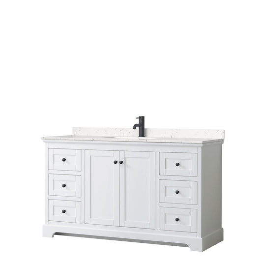 Wyndham Collection Avery 60" Single Bathroom Vanity in White, Carrara Cultured Marble Countertop, Undermount Square Sink, Matte Black Trim
