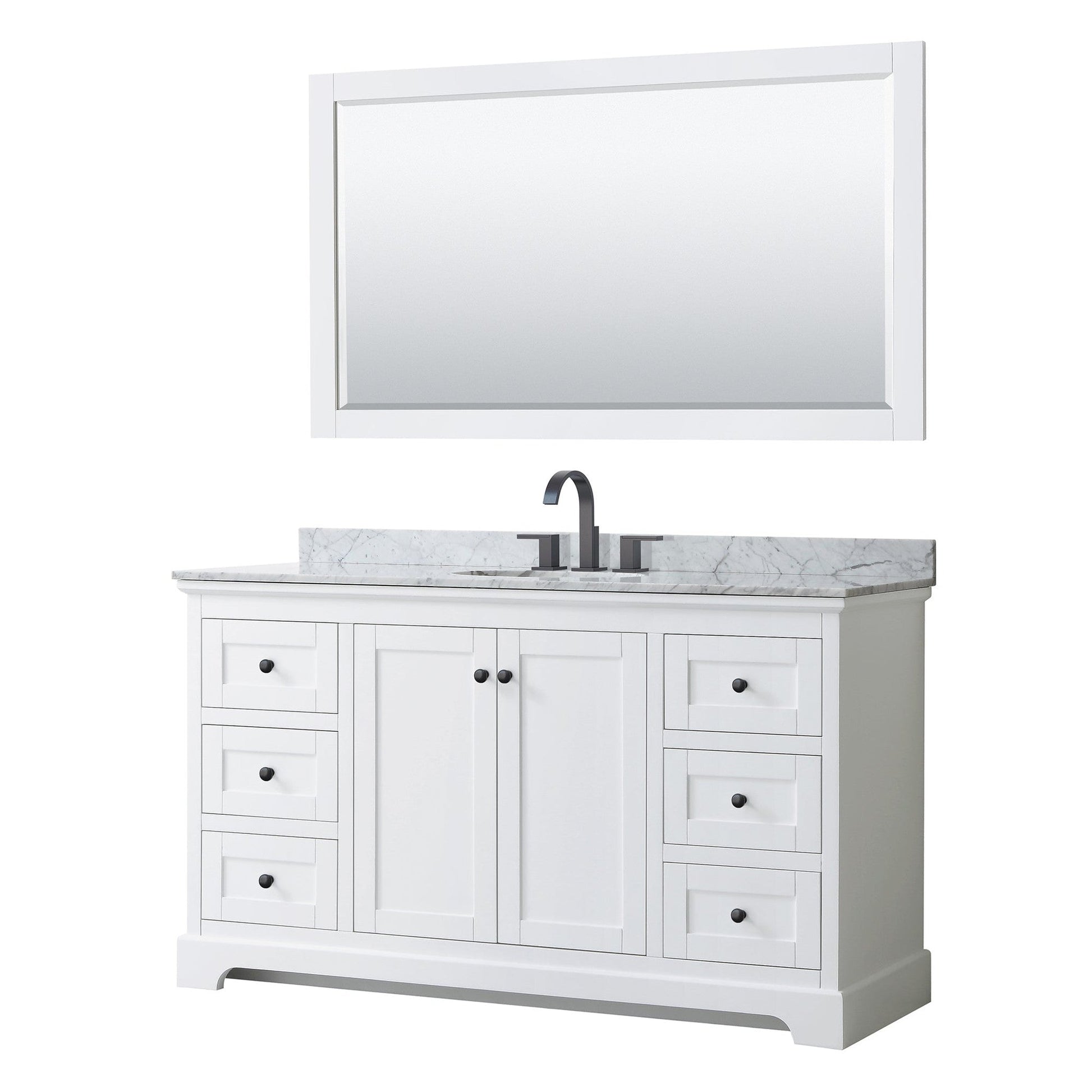 Wyndham Collection Avery 60" Single Bathroom Vanity in White, White Carrara Marble Countertop, Undermount Oval Sink, Matte Black Trim, 58" Mirror