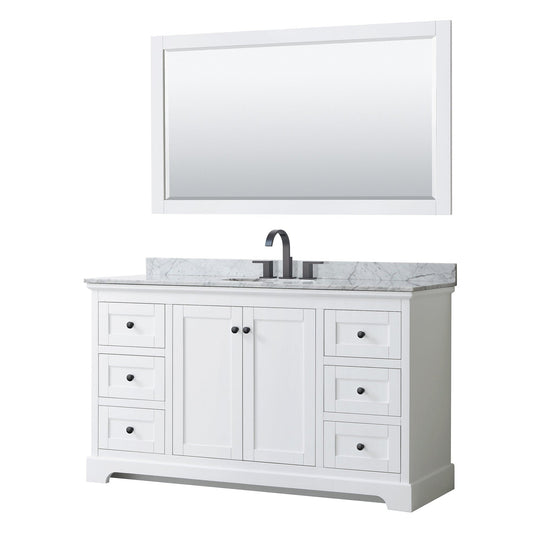 Wyndham Collection Avery 60" Single Bathroom Vanity in White, White Carrara Marble Countertop, Undermount Oval Sink, Matte Black Trim, 58" Mirror