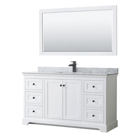 Wyndham Collection Avery 60" Single Bathroom Vanity in White, White Carrara Marble Countertop, Undermount Square Sink, Matte Black Trim, 58" Mirror