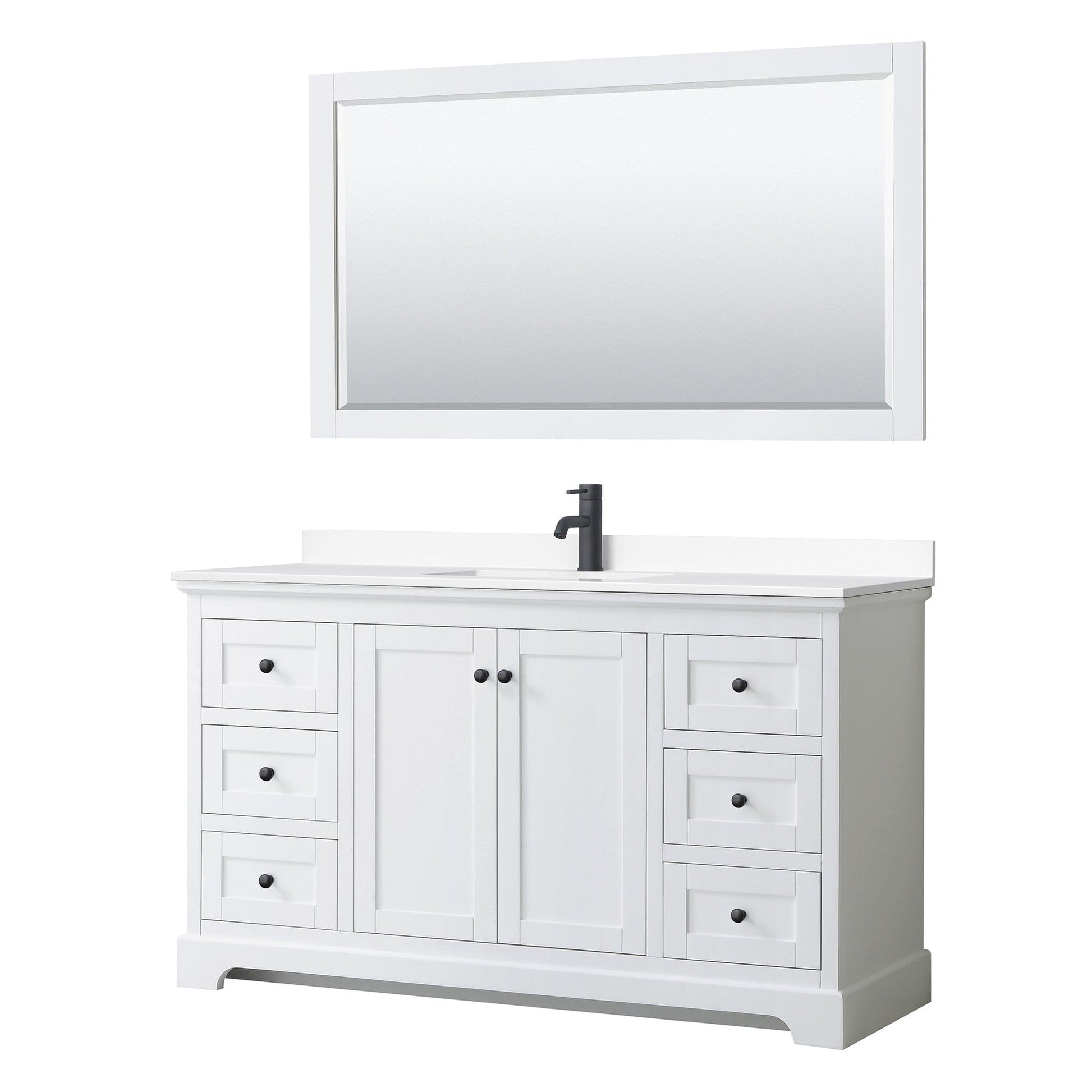 Wyndham Collection Avery 60" Single Bathroom Vanity in White, White Cultured Marble Countertop, Undermount Square Sink, Matte Black Trim, 58" Mirror