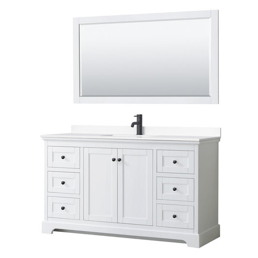 Wyndham Collection Avery 60" Single Bathroom Vanity in White, White Cultured Marble Countertop, Undermount Square Sink, Matte Black Trim, 58" Mirror