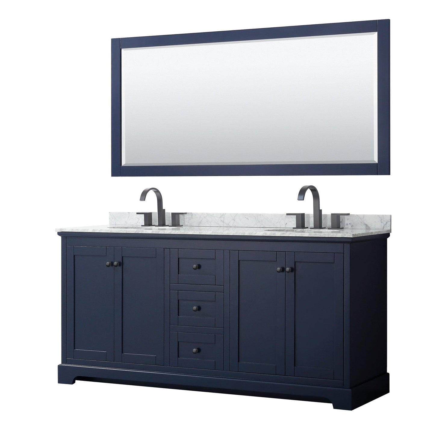 Wyndham Collection Avery 72" Double Bathroom Vanity in Dark Blue, White Carrara Marble Countertop, Undermount Oval Sinks, Matte Black Trim, 70" Mirror