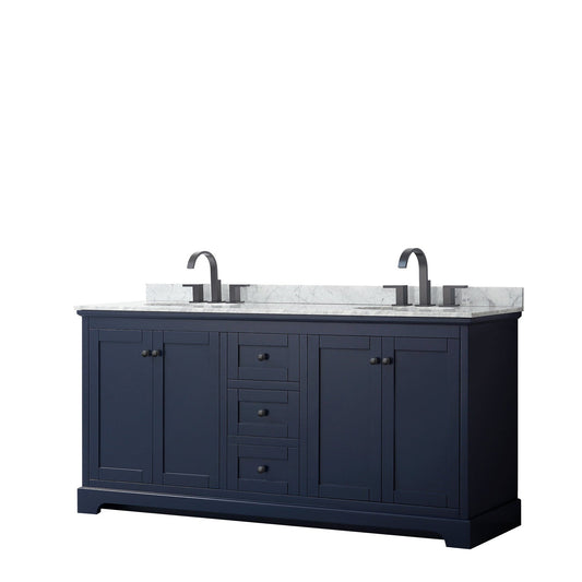 Wyndham Collection Avery 72" Double Bathroom Vanity in Dark Blue, White Carrara Marble Countertop, Undermount Oval Sinks, Matte Black Trim