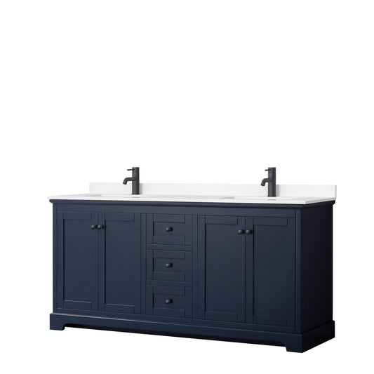 Wyndham Collection Avery 72" Double Bathroom Vanity in Dark Blue, White Cultured Marble Countertop, Undermount Square Sinks, Matte Black Trim