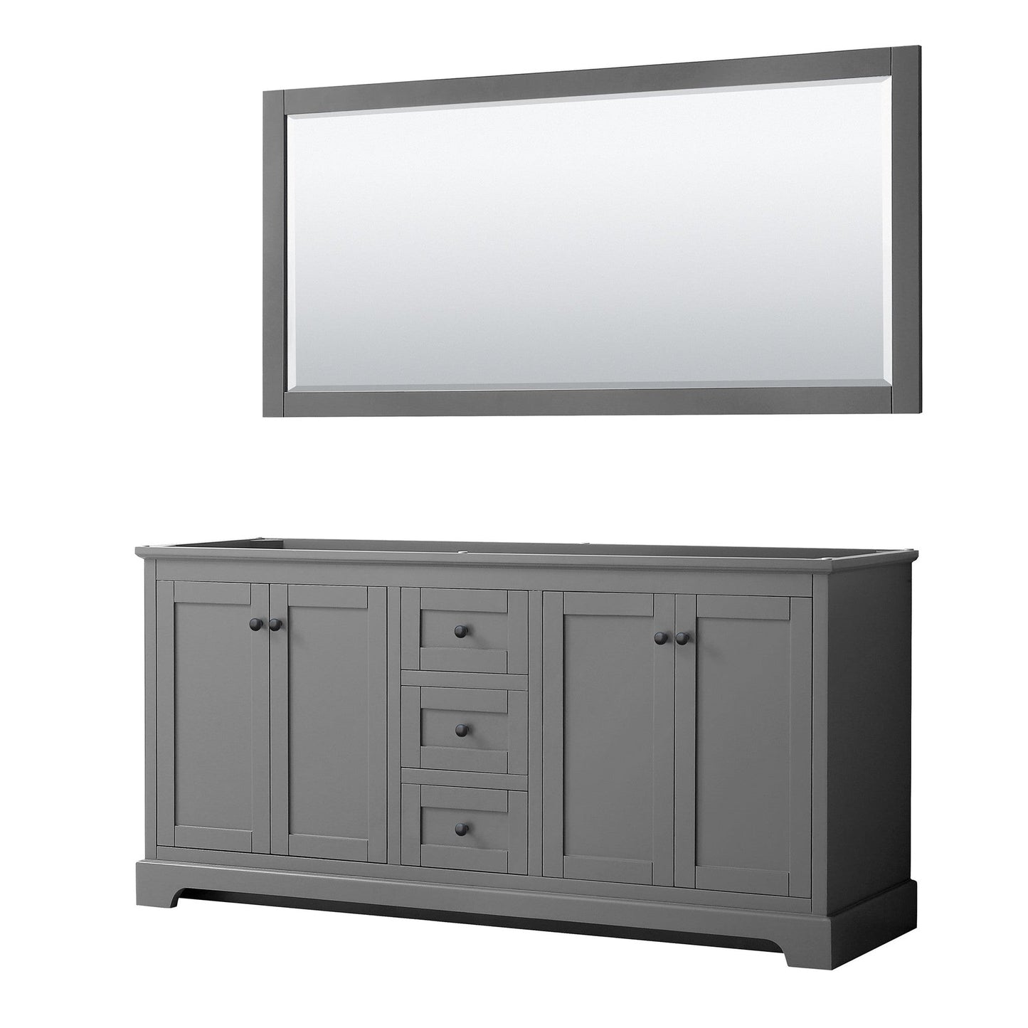 Wyndham Collection Avery 72" Double Bathroom Vanity in Dark Gray, No Countertop, No Sinks, Matte Black Trim, 70" Mirror