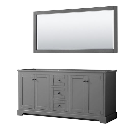 Wyndham Collection Avery 72" Double Bathroom Vanity in Dark Gray, No Countertop, No Sinks, Matte Black Trim, 70" Mirror