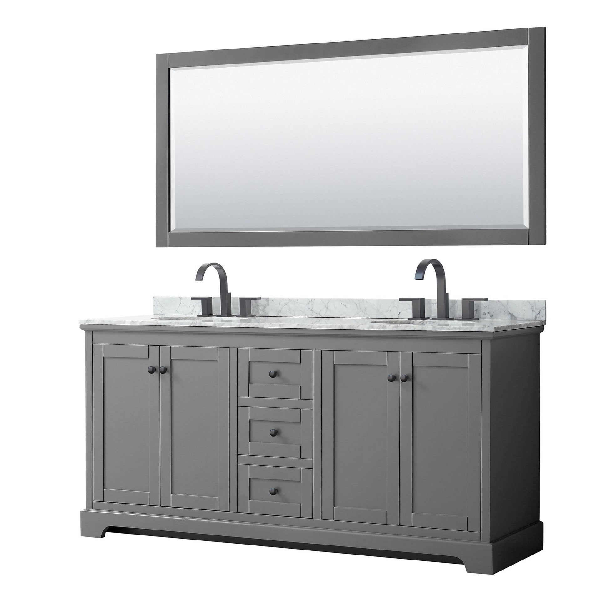 Wyndham Collection Avery 72" Double Bathroom Vanity in Dark Gray, White Carrara Marble Countertop, Undermount Oval Sinks, Matte Black Trim, 70" Mirror