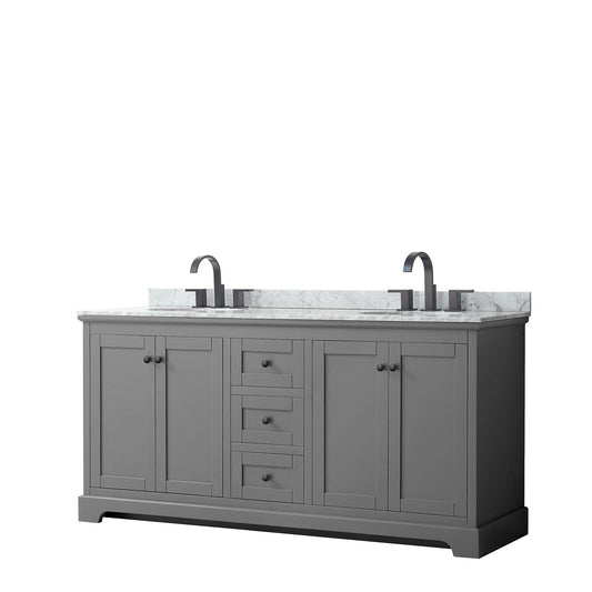 Wyndham Collection Avery 72" Double Bathroom Vanity in Dark Gray, White Carrara Marble Countertop, Undermount Oval Sinks, Matte Black Trim