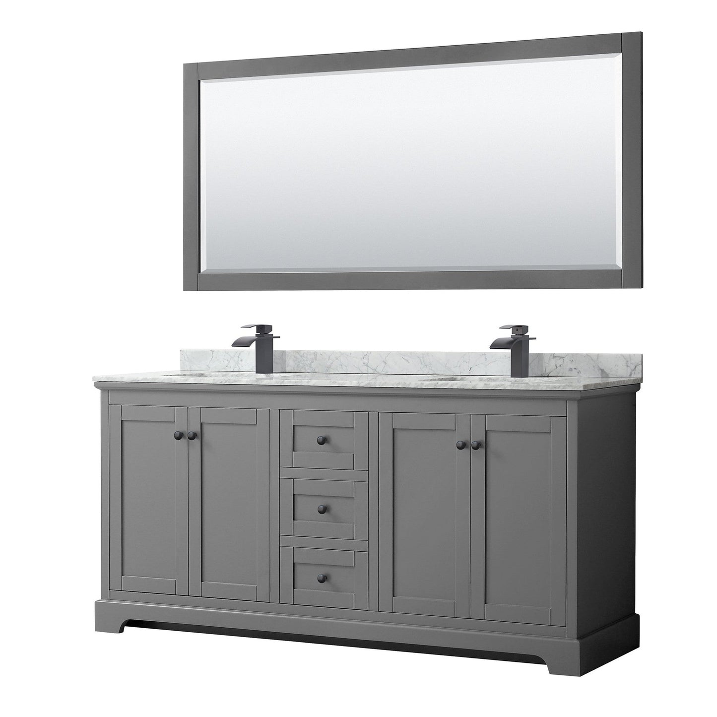 Wyndham Collection Avery 72" Double Bathroom Vanity in Dark Gray, White Carrara Marble Countertop, Undermount Square Sinks, Matte Black Trim, 70" Mirror