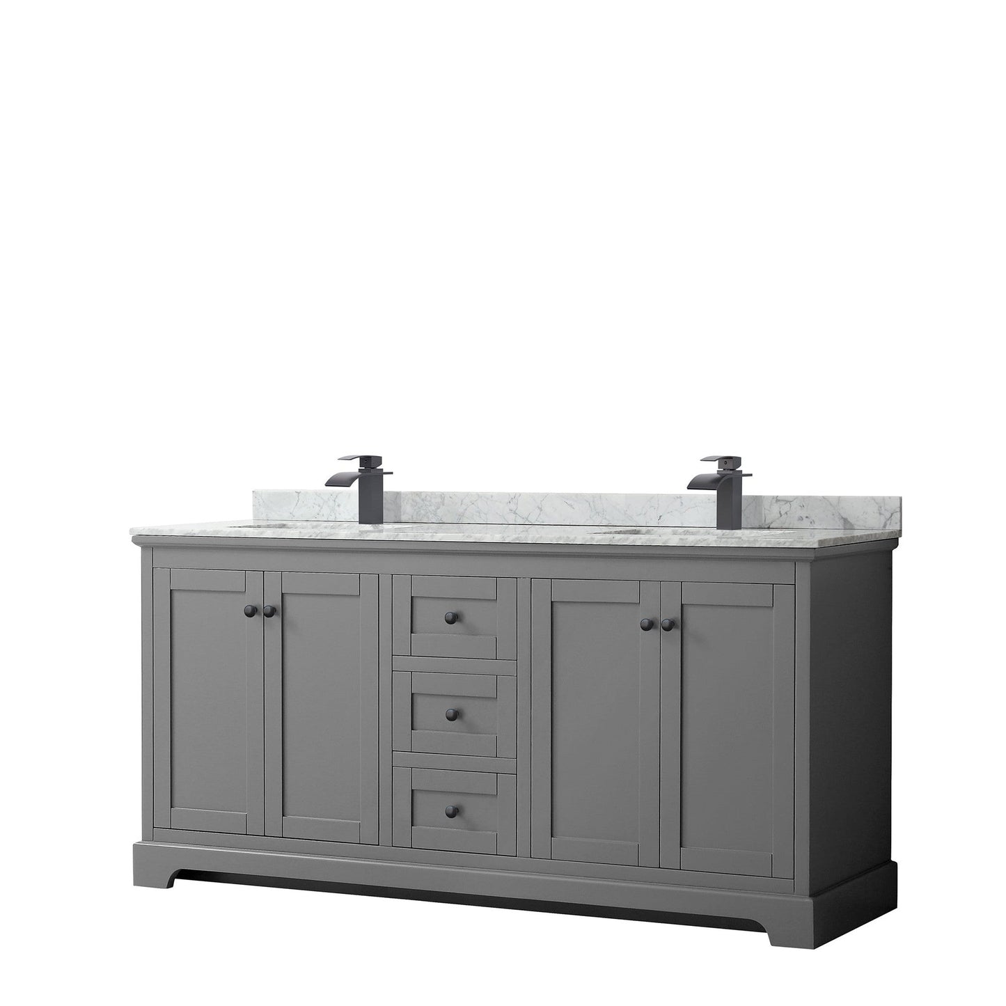 Wyndham Collection Avery 72" Double Bathroom Vanity in Dark Gray, White Carrara Marble Countertop, Undermount Square Sinks, Matte Black Trim