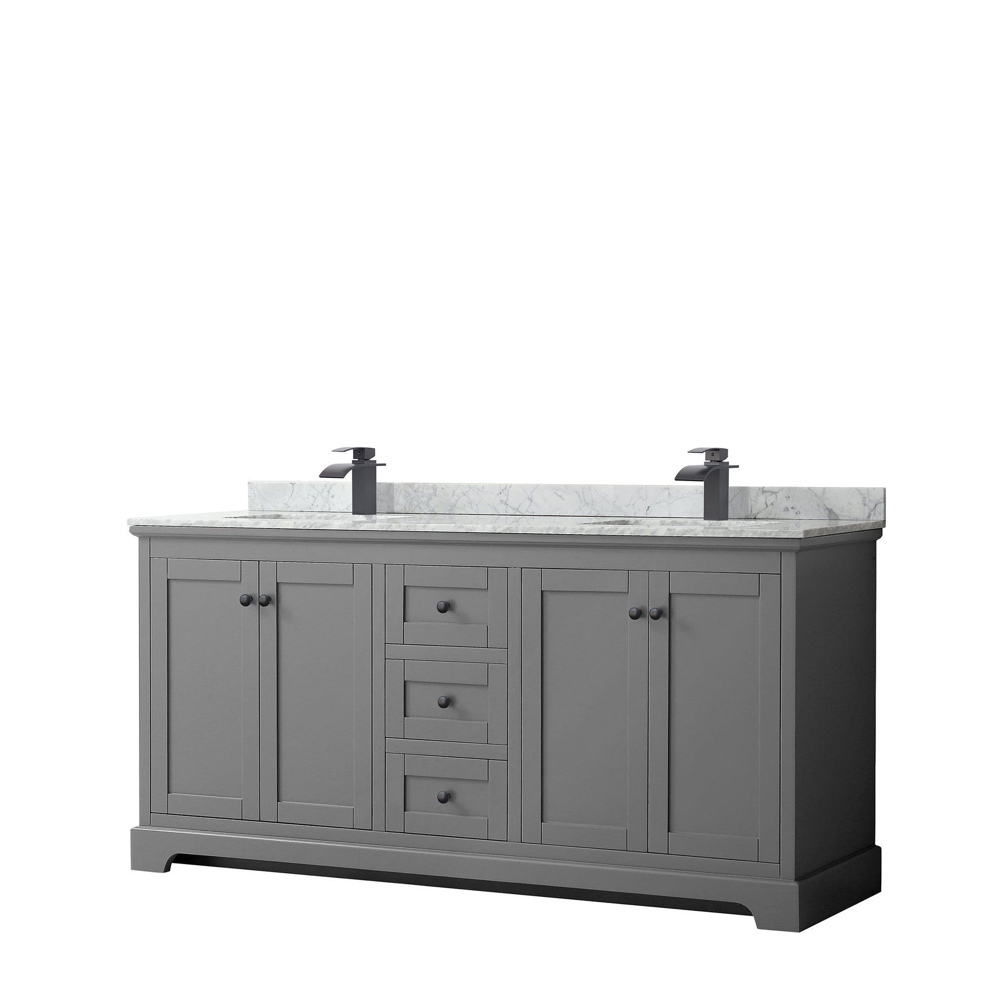 Wyndham Collection Avery 72" Double Bathroom Vanity in Dark Gray, White Carrara Marble Countertop, Undermount Square Sinks, Matte Black Trim
