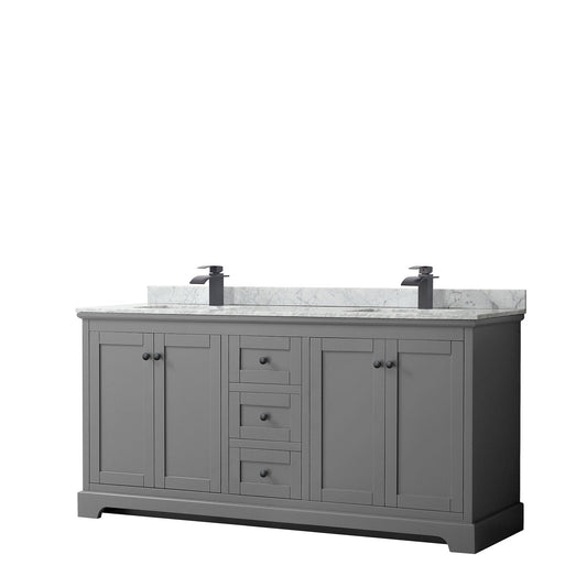 Wyndham Collection Avery 72" Double Bathroom Vanity in Dark Gray, White Carrara Marble Countertop, Undermount Square Sinks, Matte Black Trim