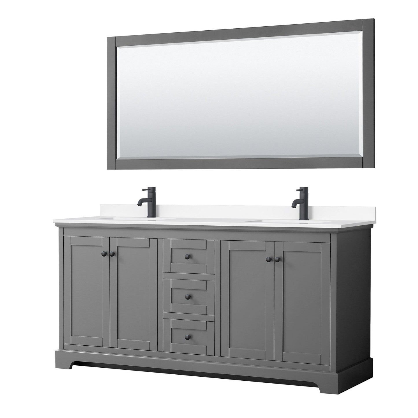 Wyndham Collection Avery 72" Double Bathroom Vanity in Dark Gray, White Cultured Marble Countertop, Undermount Square Sinks, Matte Black Trim, 70" Mirror