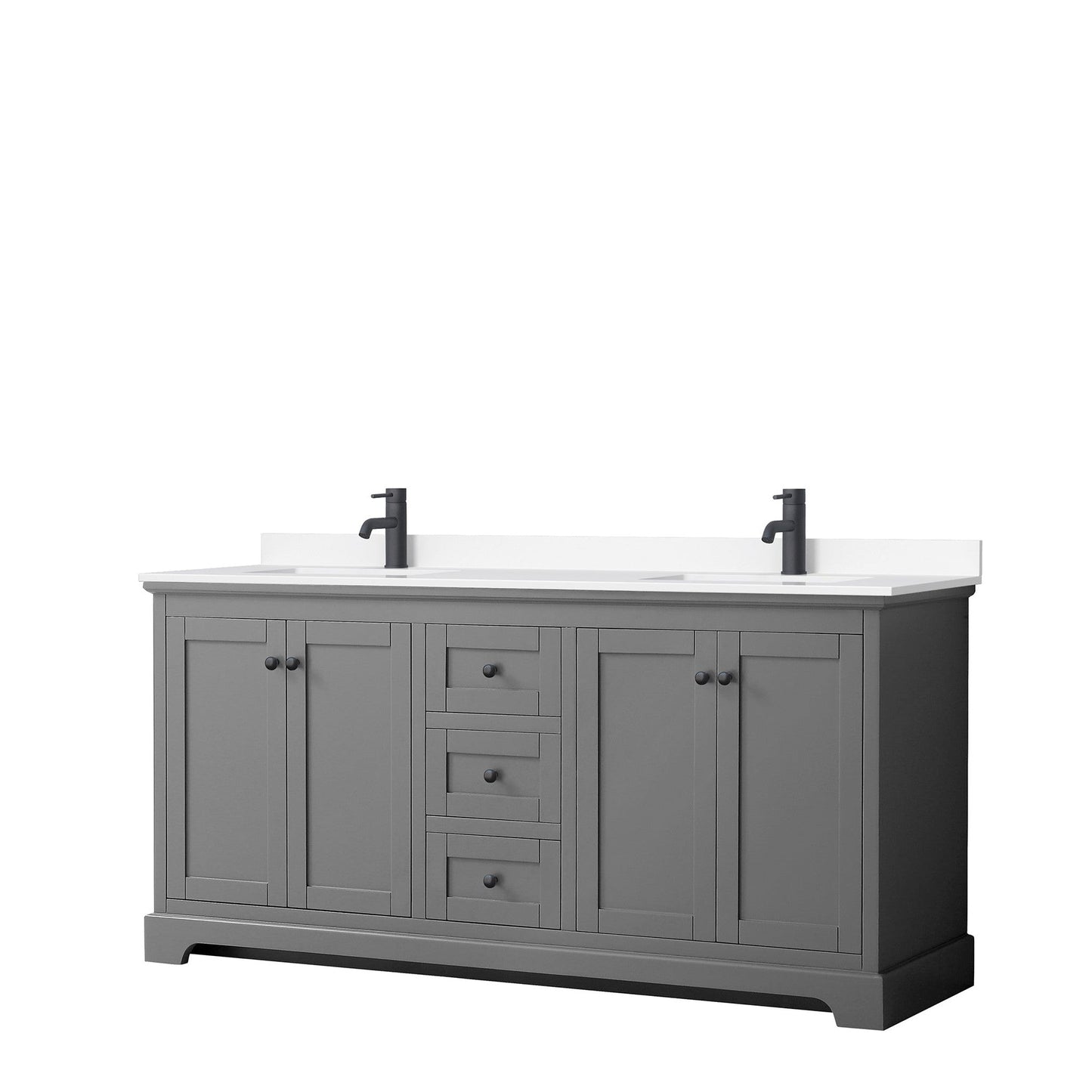 Wyndham Collection Avery 72" Double Bathroom Vanity in Dark Gray, White Cultured Marble Countertop, Undermount Square Sinks, Matte Black Trim