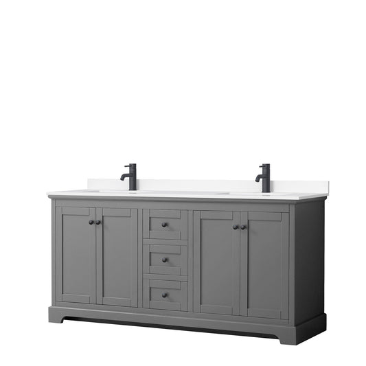 Wyndham Collection Avery 72" Double Bathroom Vanity in Dark Gray, White Cultured Marble Countertop, Undermount Square Sinks, Matte Black Trim