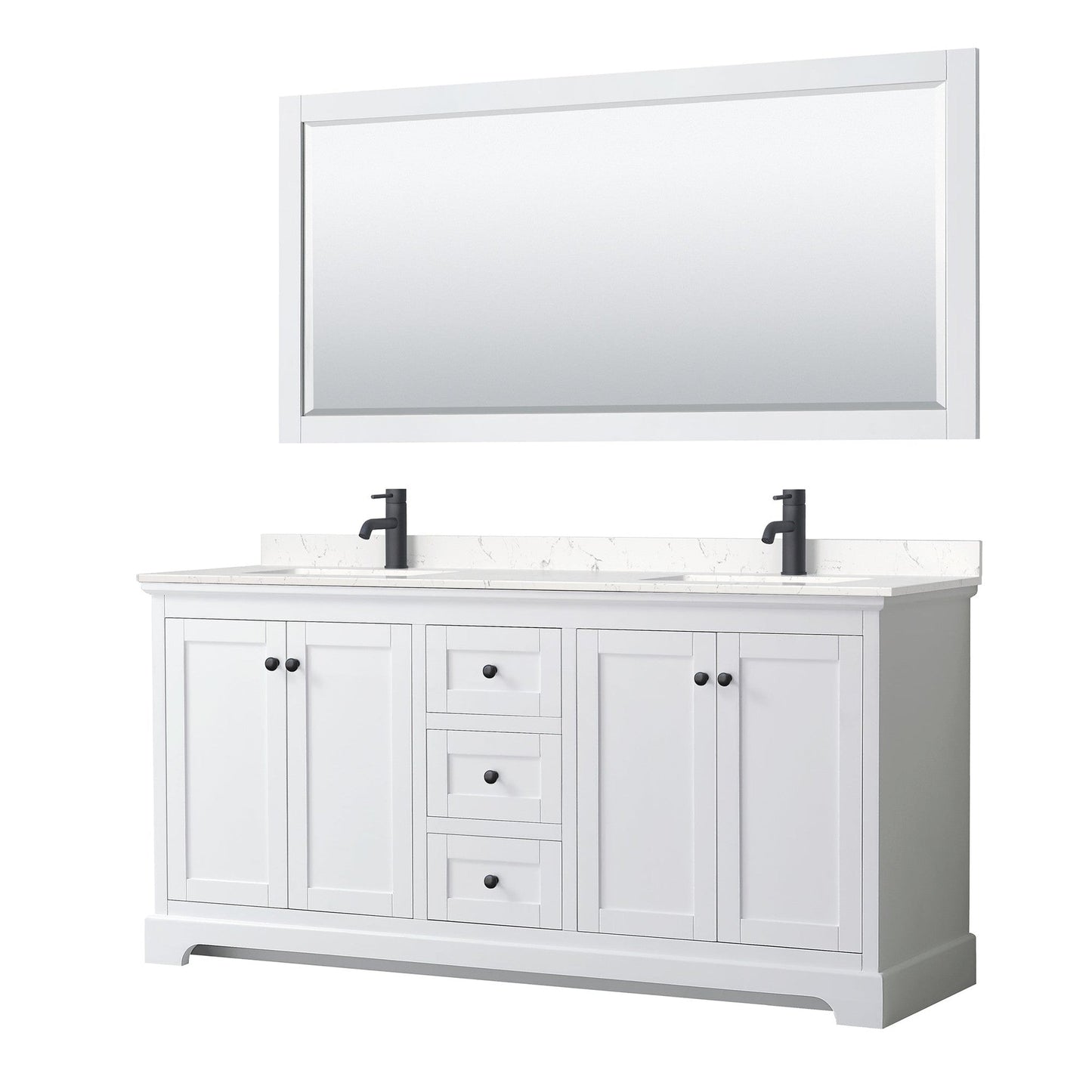 Wyndham Collection Avery 72" Double Bathroom Vanity in White, Carrara Cultured Marble Countertop, Undermount Square Sinks, Matte Black Trim, 70" Mirror