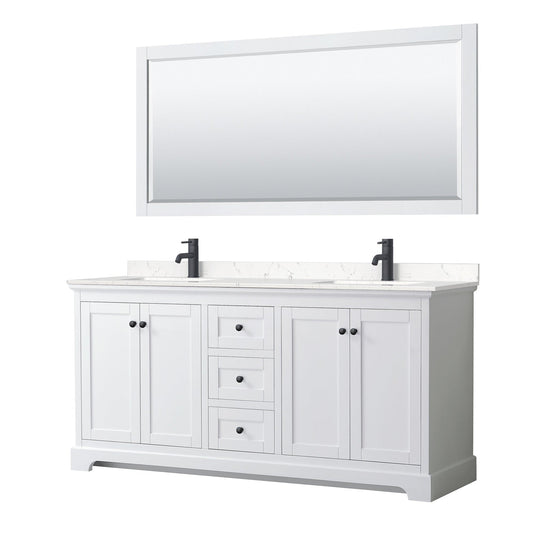 Wyndham Collection Avery 72" Double Bathroom Vanity in White, Carrara Cultured Marble Countertop, Undermount Square Sinks, Matte Black Trim, 70" Mirror