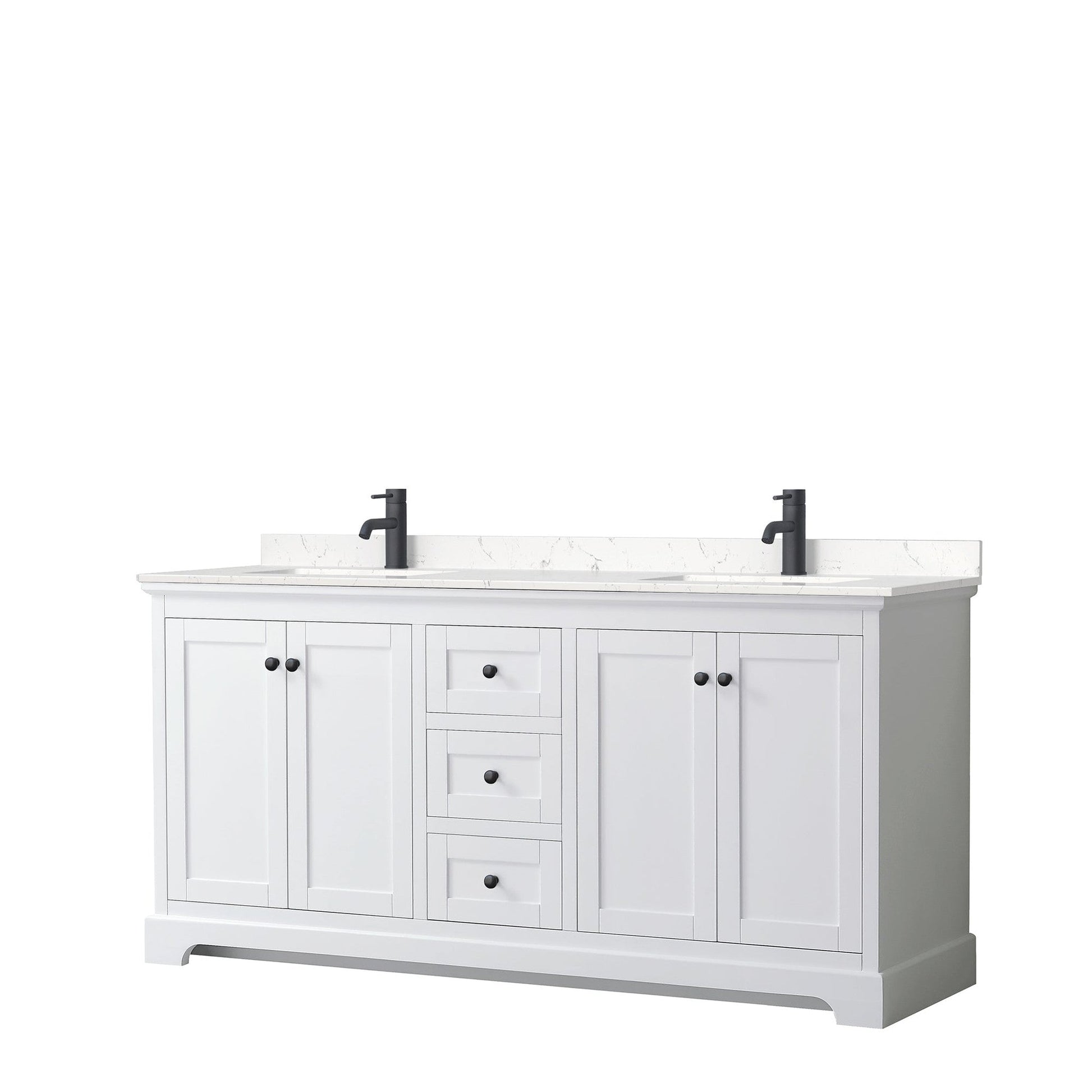Wyndham Collection Avery 72" Double Bathroom Vanity in White, Carrara Cultured Marble Countertop, Undermount Square Sinks, Matte Black Trim