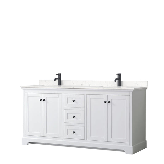 Wyndham Collection Avery 72" Double Bathroom Vanity in White, Carrara Cultured Marble Countertop, Undermount Square Sinks, Matte Black Trim
