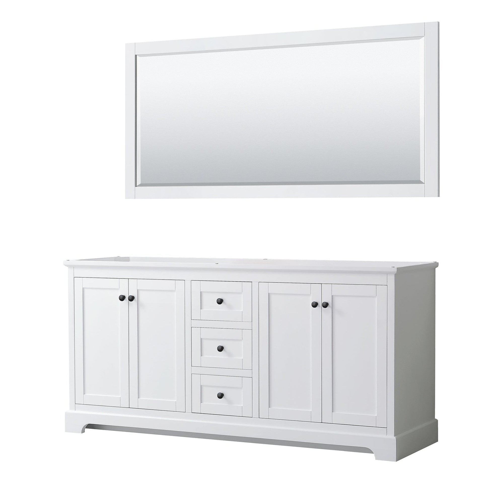 Wyndham Collection Avery 72" Double Bathroom Vanity in White, No Countertop, No Sinks, Matte Black Trim, 70" Mirror