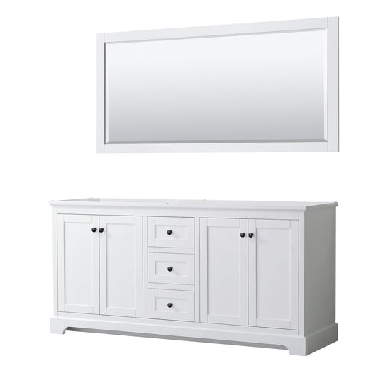Wyndham Collection Avery 72" Double Bathroom Vanity in White, No Countertop, No Sinks, Matte Black Trim, 70" Mirror