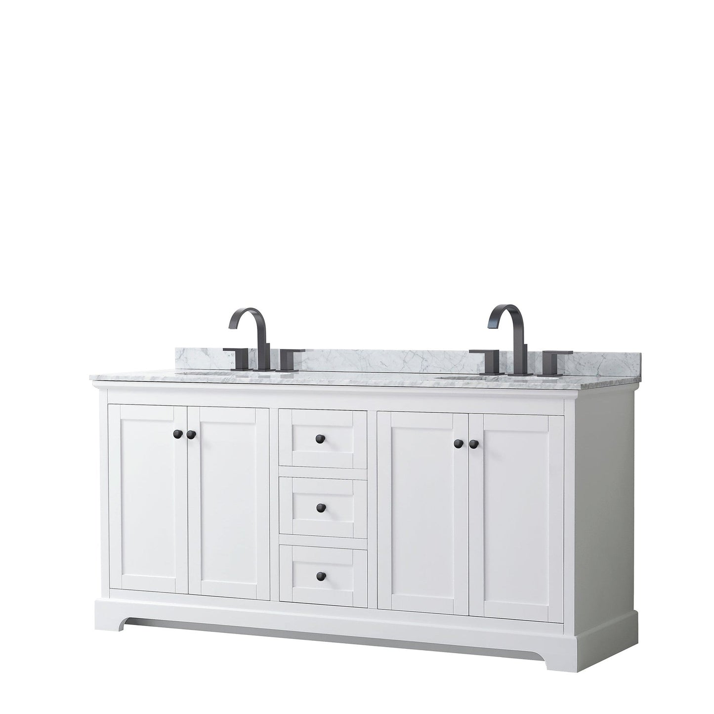 Wyndham Collection Avery 72" Double Bathroom Vanity in White, White Carrara Marble Countertop, Undermount Oval Sinks, Matte Black Trim