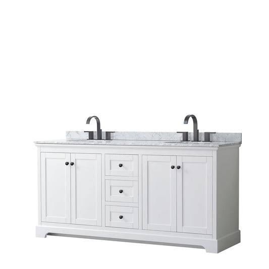 Wyndham Collection Avery 72" Double Bathroom Vanity in White, White Carrara Marble Countertop, Undermount Oval Sinks, Matte Black Trim