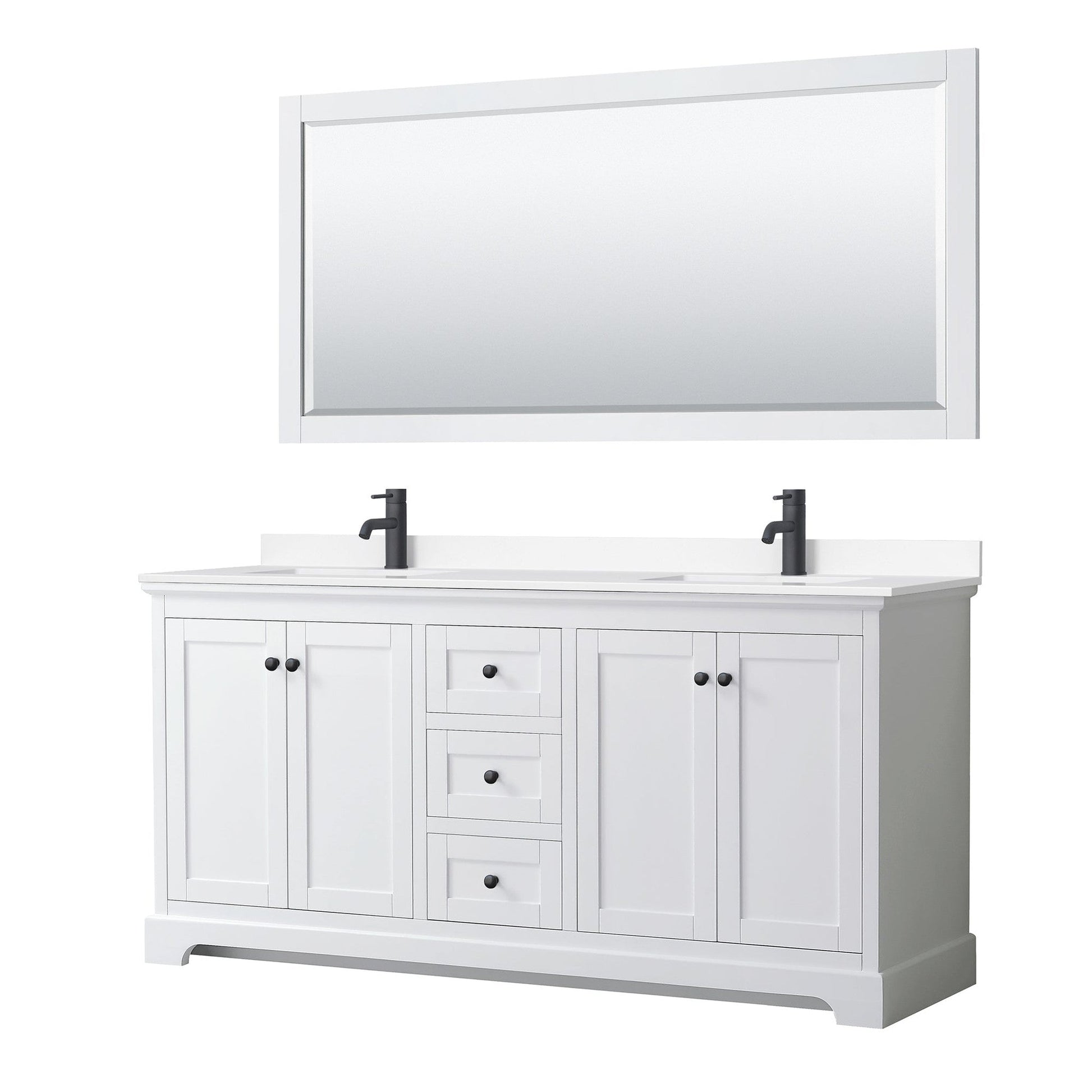 Wyndham Collection Avery 72" Double Bathroom Vanity in White, White Cultured Marble Countertop, Undermount Square Sinks, Matte Black Trim, 70" Mirror