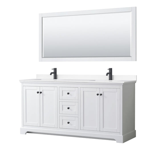 Wyndham Collection Avery 72" Double Bathroom Vanity in White, White Cultured Marble Countertop, Undermount Square Sinks, Matte Black Trim, 70" Mirror