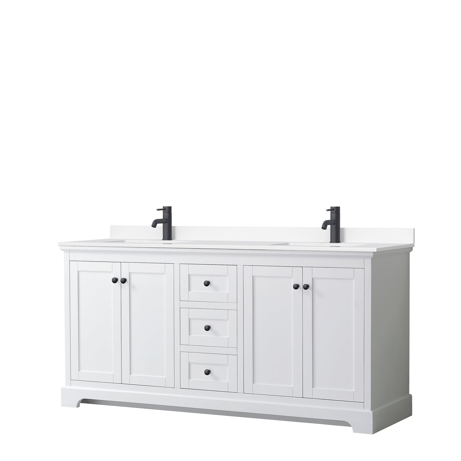 Wyndham Collection Avery 72" Double Bathroom Vanity in White, White Cultured Marble Countertop, Undermount Square Sinks, Matte Black Trim