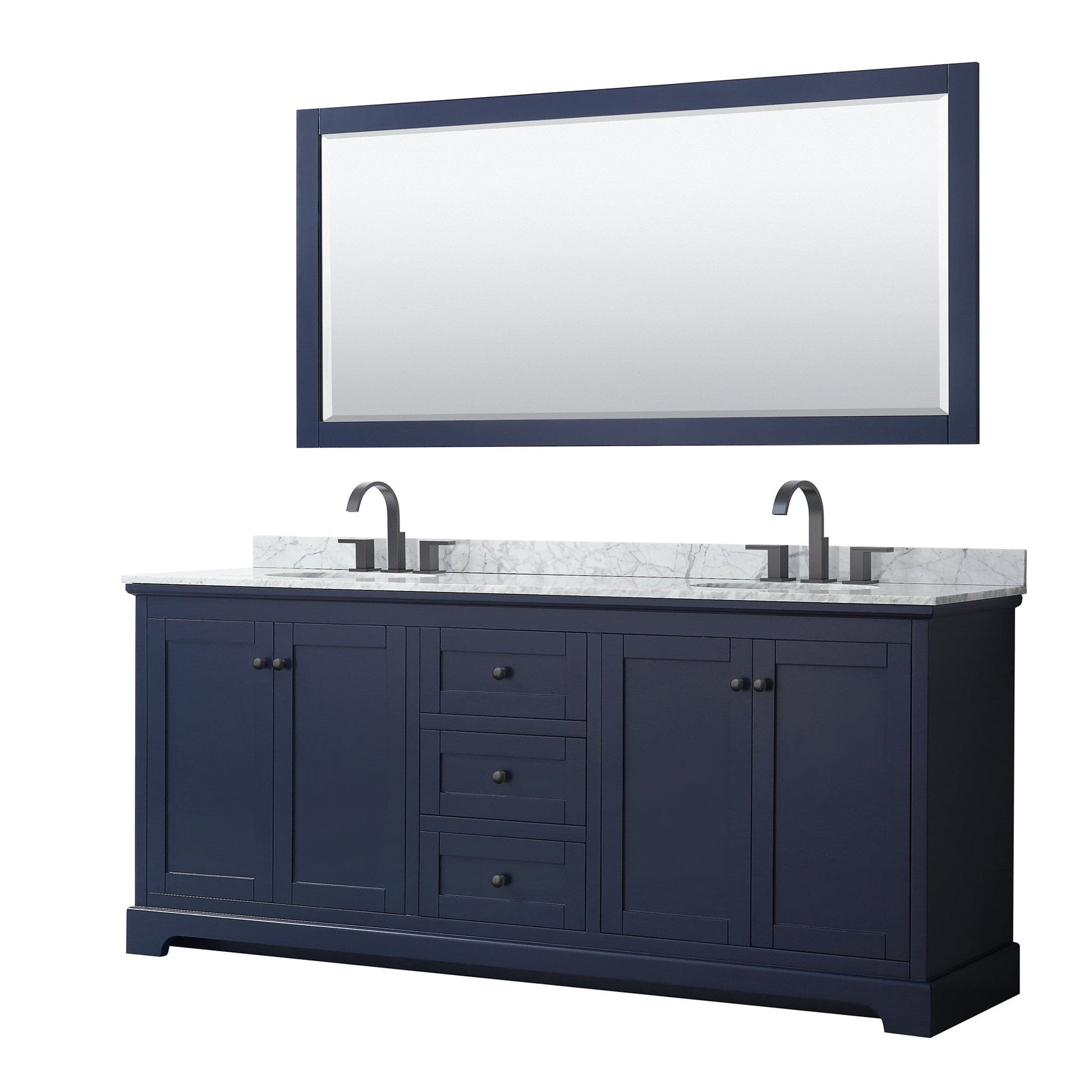 Wyndham Collection Avery 80" Double Bathroom Vanity in Dark Blue, White Carrara Marble Countertop, Undermount Oval Sinks, Matte Black Trim, 70" Mirror